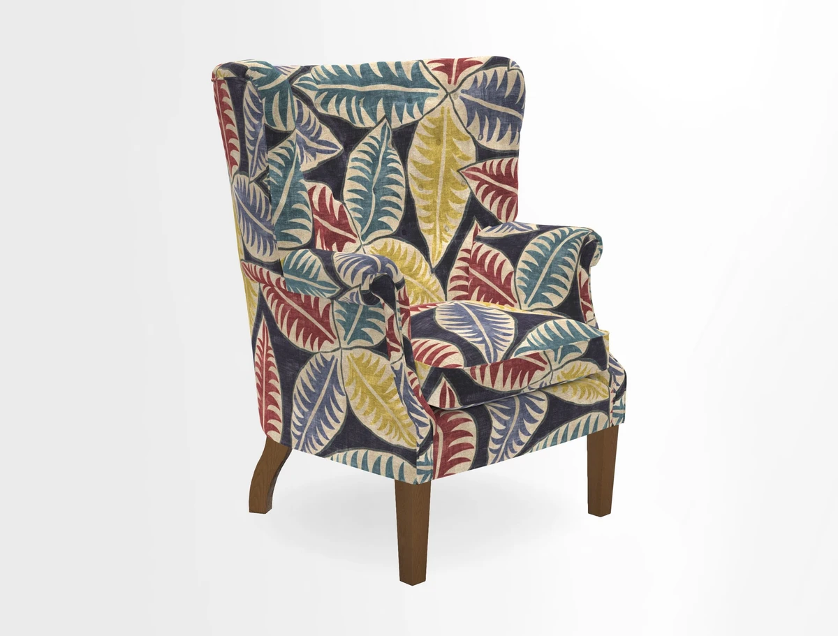 Whitewell Chair in RHS Collection Gertrude Jekyll Lattice Navy with Seat Back and Arms in Mohair Velvet Petrol