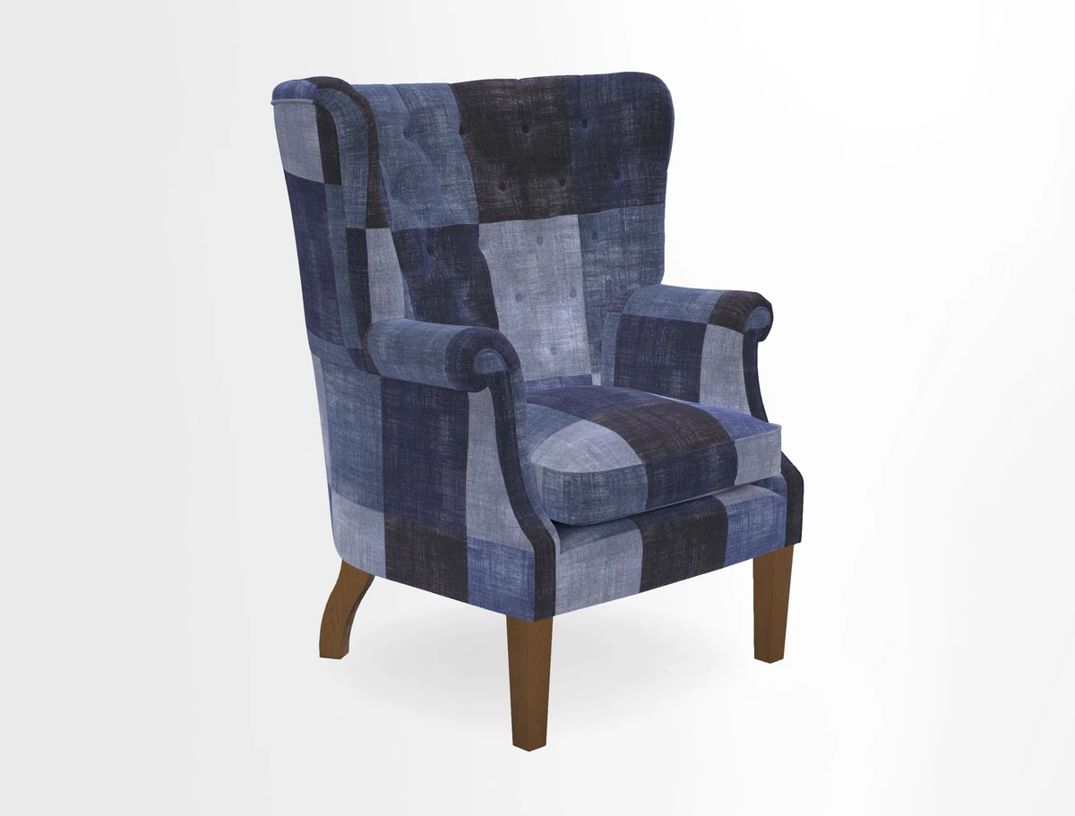 Whitewell Chair in RHS Collection Gertrude Jekyll Lattice Navy with Seat Back and Arms in Mohair Velvet Petrol