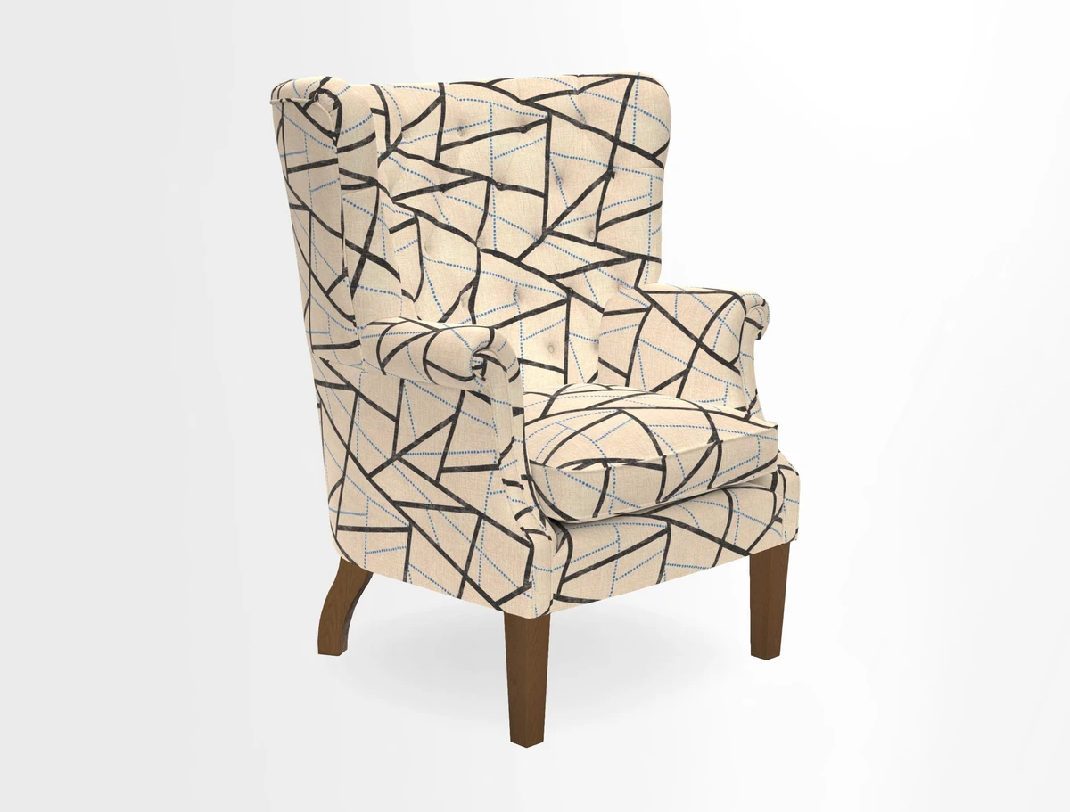 Whitewell Chair in RHS Collection Gertrude Jekyll Lattice Navy with Seat Back and Arms in Mohair Velvet Petrol