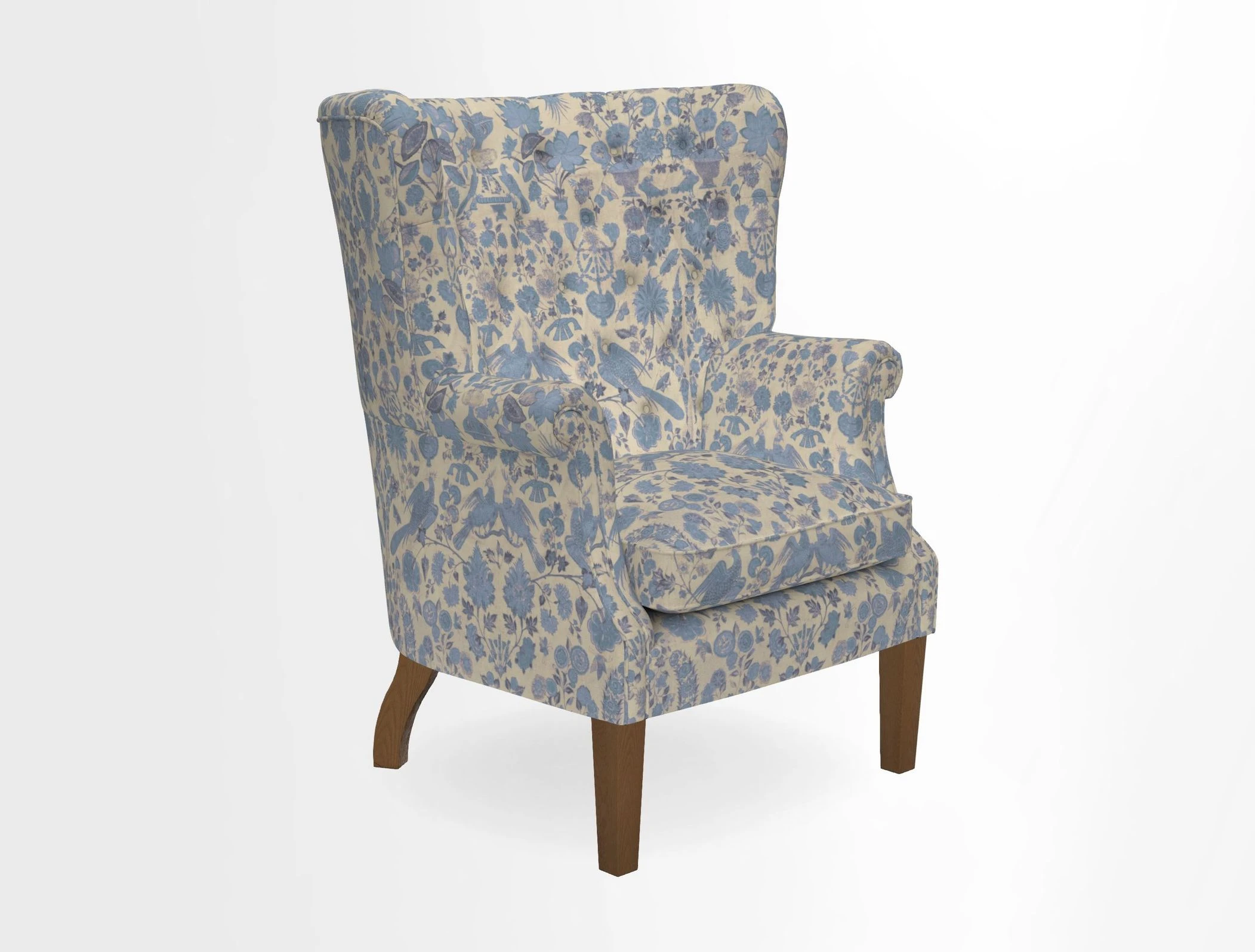 Whitewell Chair in RHS Collection Gertrude Jekyll Lattice Navy with Seat Back and Arms in Mohair Velvet Petrol