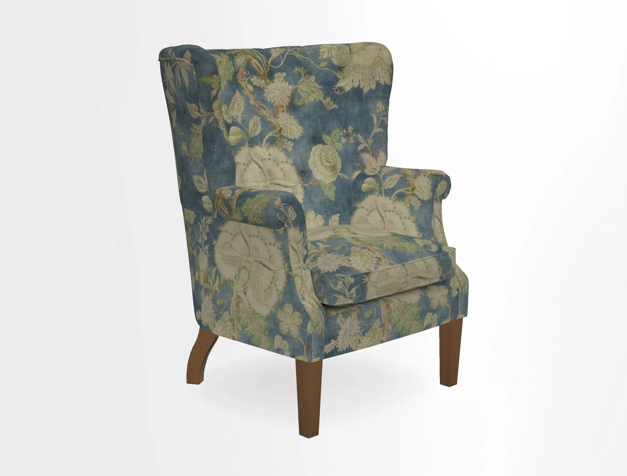 Whitewell Chair in RHS Collection Gertrude Jekyll Lattice Navy with Seat Back and Arms in Mohair Velvet Petrol