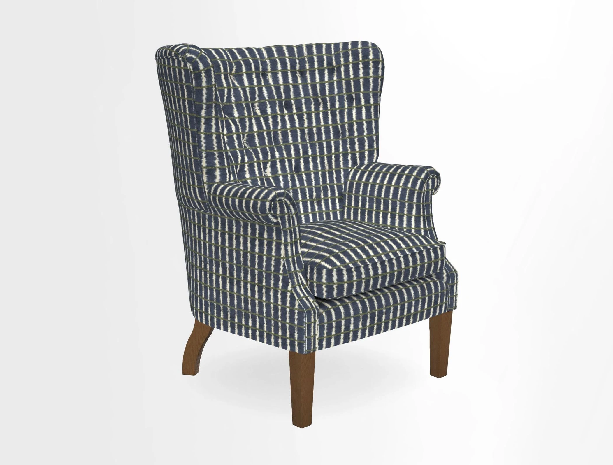 Whitewell Chair in RHS Collection Gertrude Jekyll Lattice Navy with Seat Back and Arms in Mohair Velvet Petrol