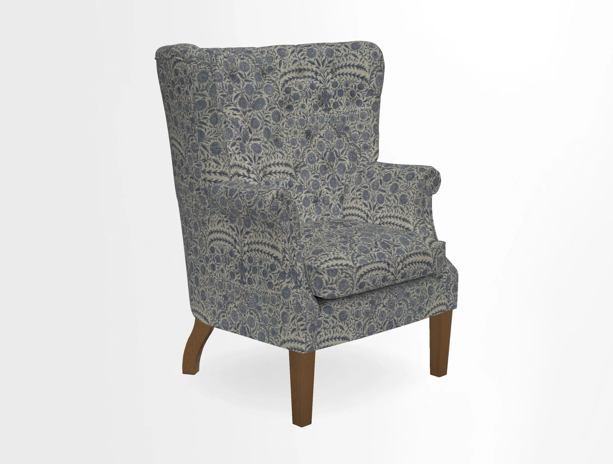 Whitewell Chair in RHS Collection Gertrude Jekyll Lattice Navy with Seat Back and Arms in Mohair Velvet Petrol