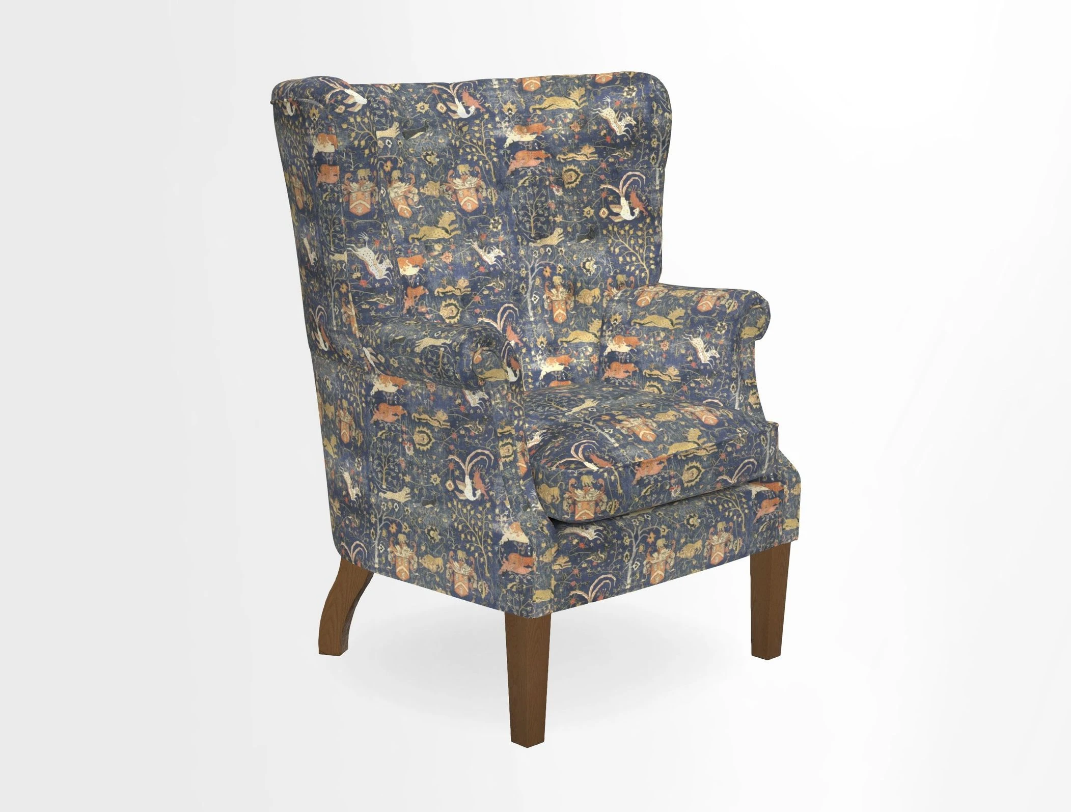 Whitewell Chair in RHS Collection Gertrude Jekyll Lattice Navy with Seat Back and Arms in Mohair Velvet Petrol