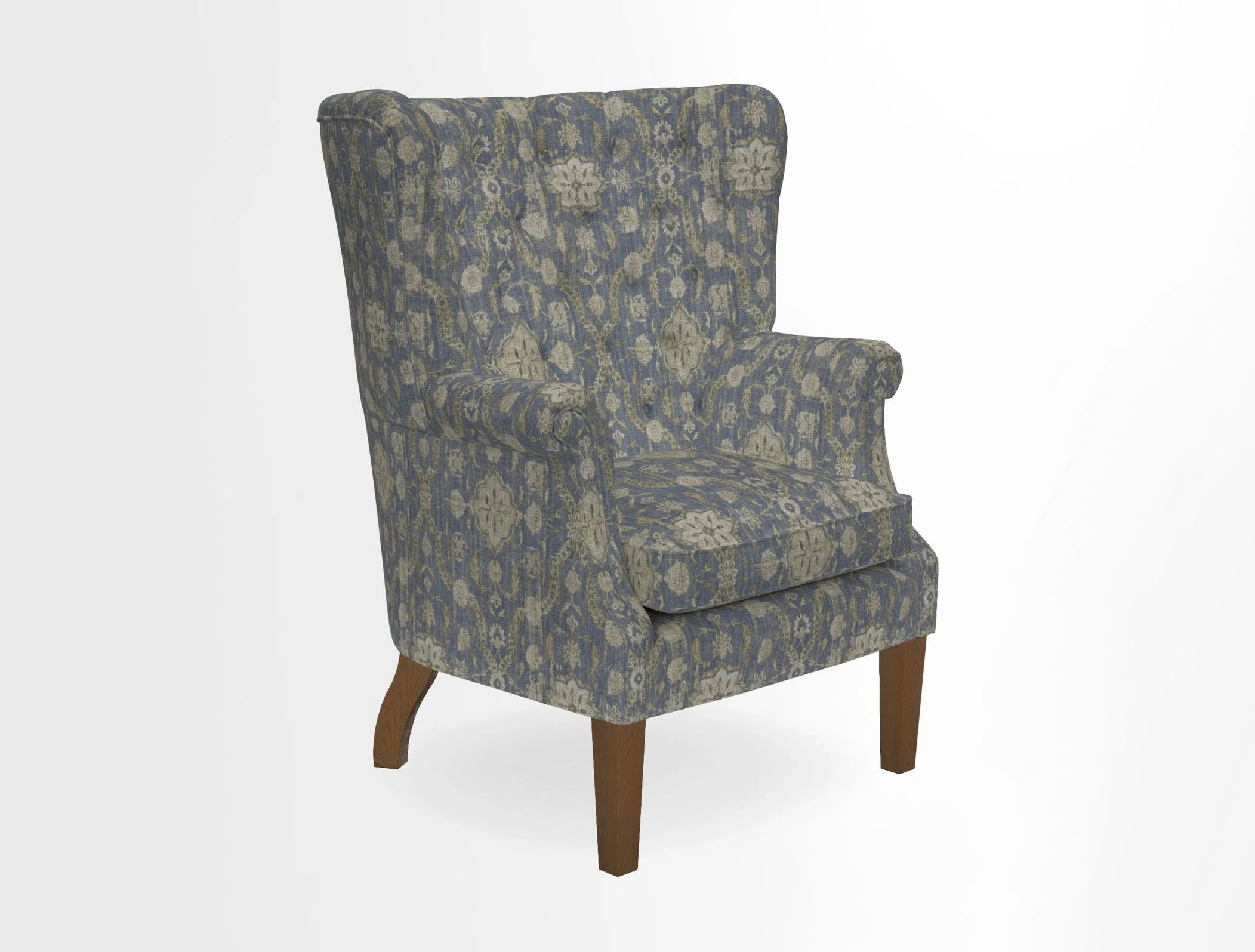 Whitewell Chair in RHS Collection Gertrude Jekyll Lattice Navy with Seat Back and Arms in Mohair Velvet Petrol
