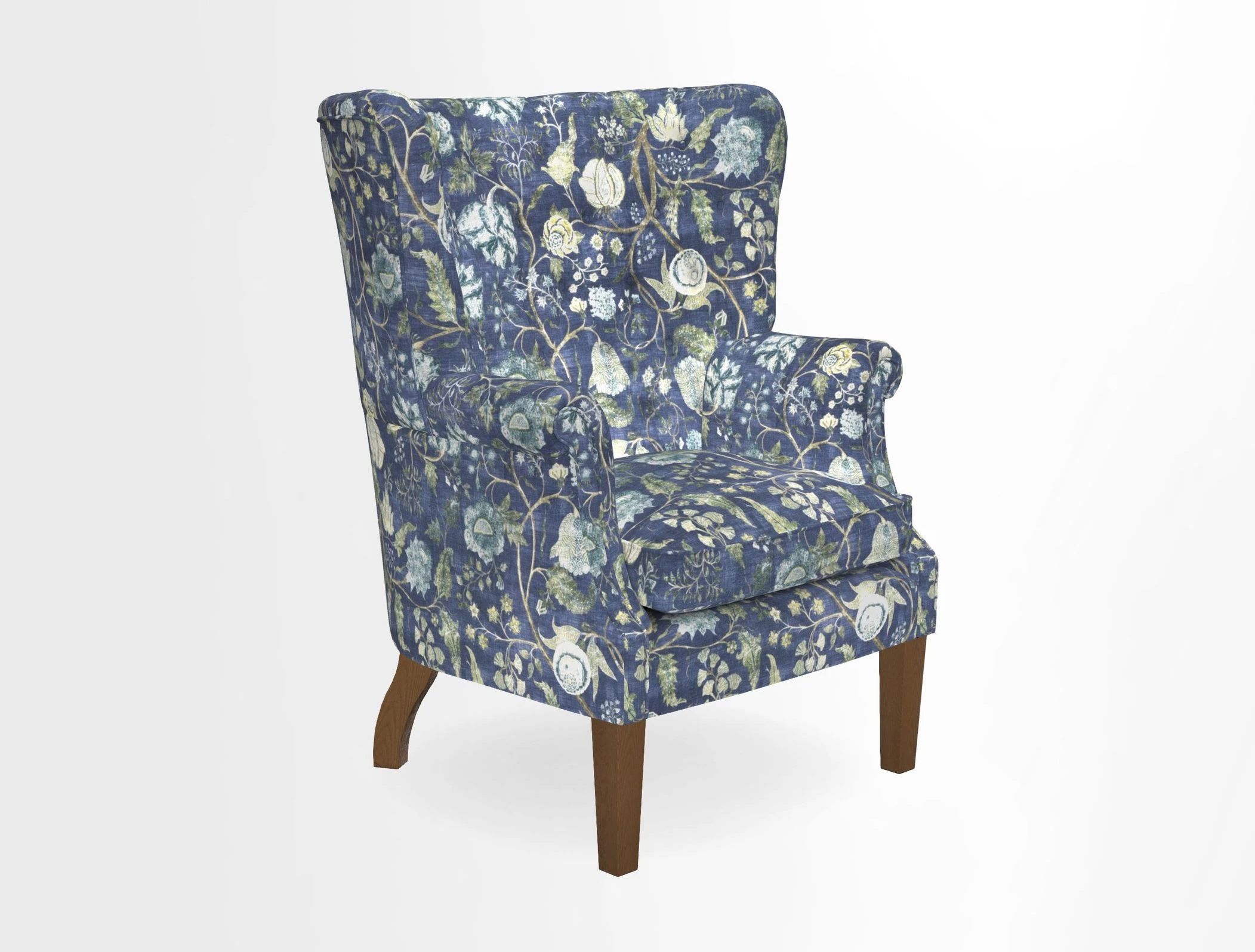 Whitewell Chair in RHS Collection Gertrude Jekyll Lattice Navy with Seat Back and Arms in Mohair Velvet Petrol