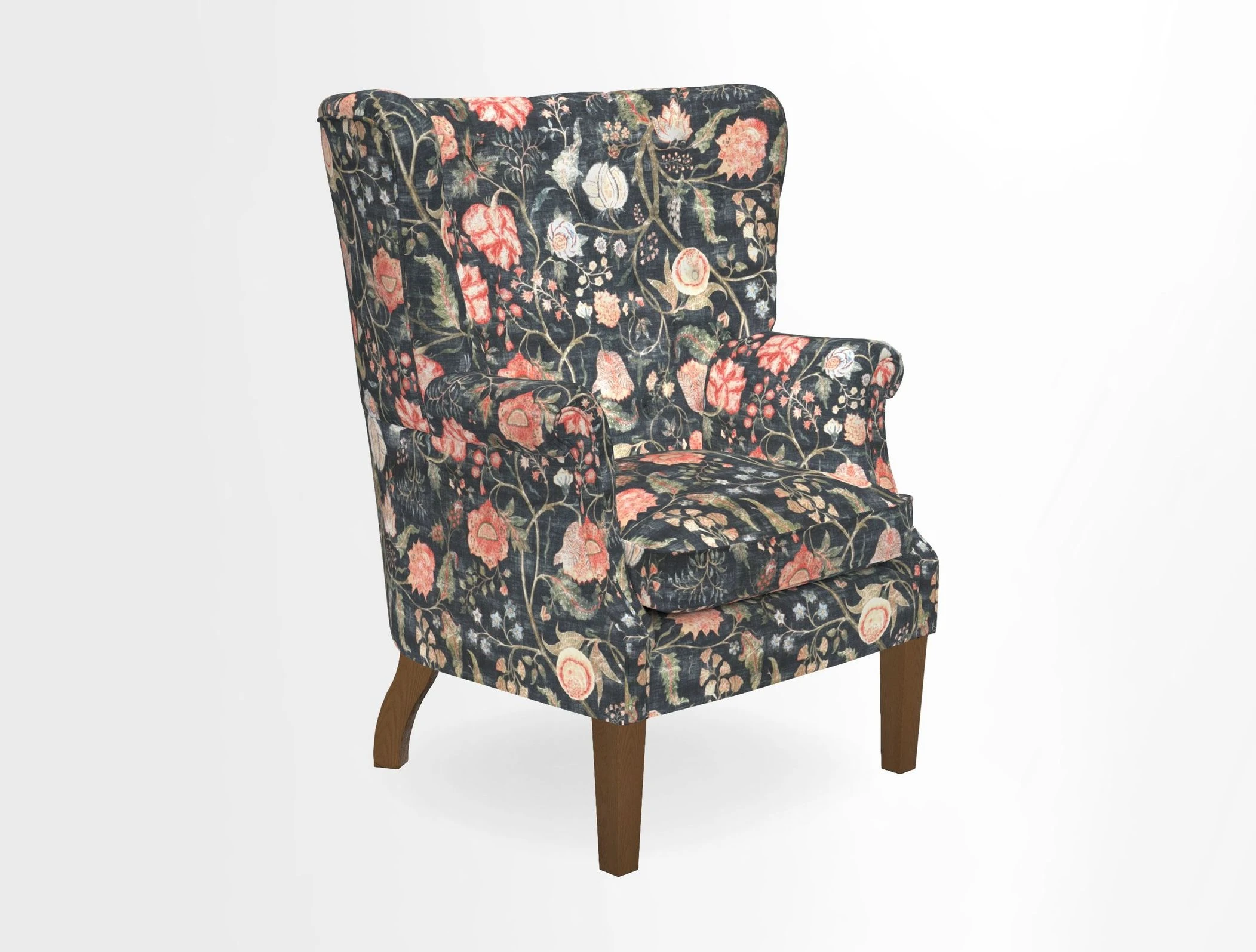 Whitewell Chair in RHS Collection Gertrude Jekyll Lattice Navy with Seat Back and Arms in Mohair Velvet Petrol