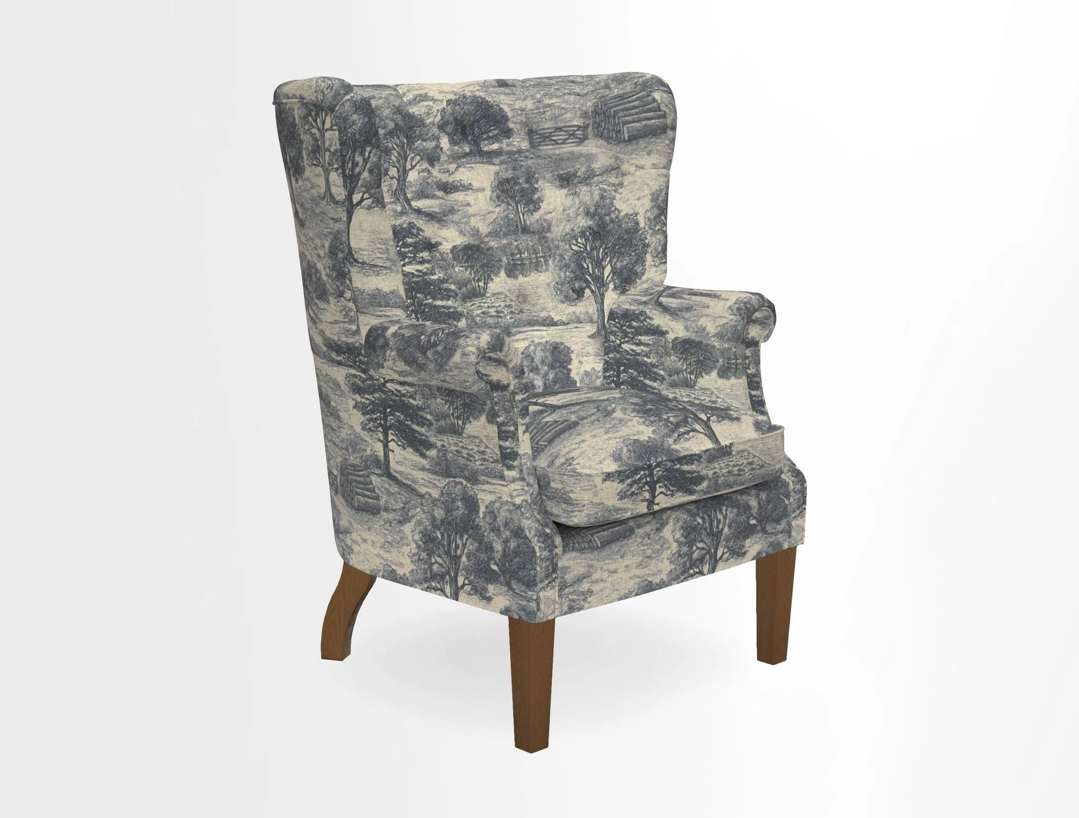 Whitewell Chair in RHS Collection Gertrude Jekyll Lattice Navy with Seat Back and Arms in Mohair Velvet Petrol