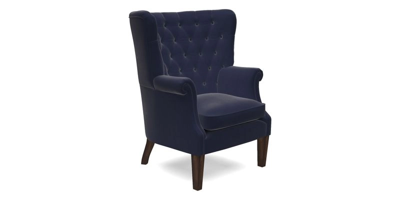 Whitewell Chair in RHS Collection Gertrude Jekyll Lattice Navy with Seat Back and Arms in Mohair Velvet Petrol