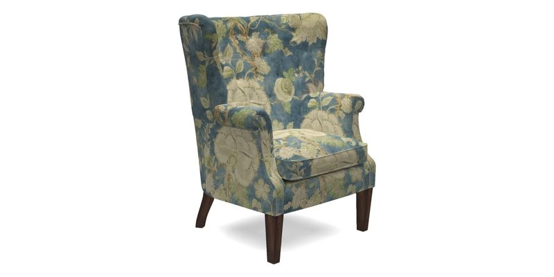 Whitewell Chair in RHS Collection Gertrude Jekyll Lattice Navy with Seat Back and Arms in Mohair Velvet Petrol