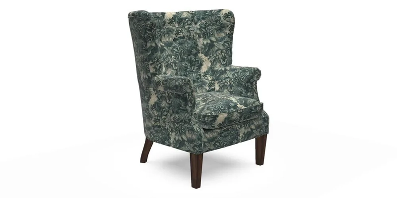 Whitewell Chair in RHS Collection Gertrude Jekyll Lattice Navy with Seat Back and Arms in Mohair Velvet Petrol