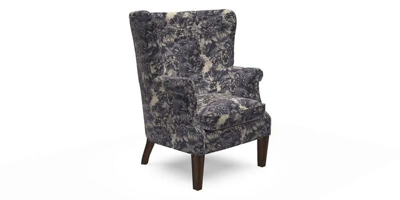 Whitewell Chair in RHS Collection Gertrude Jekyll Lattice Navy with Seat Back and Arms in Mohair Velvet Petrol