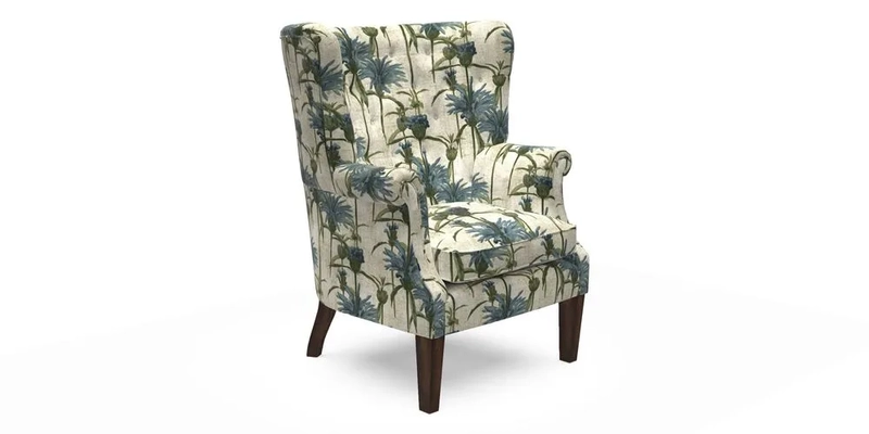 Whitewell Chair in RHS Collection Gertrude Jekyll Lattice Navy with Seat Back and Arms in Mohair Velvet Petrol