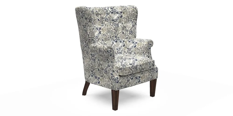 Whitewell Chair in RHS Collection Gertrude Jekyll Lattice Navy with Seat Back and Arms in Mohair Velvet Petrol