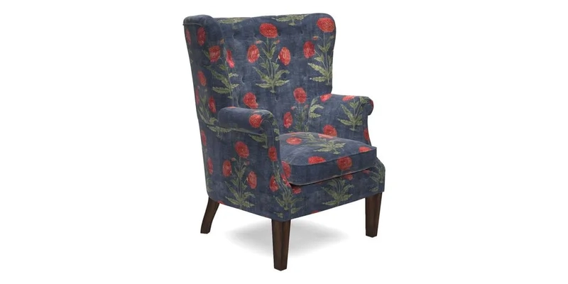 Whitewell Chair in RHS Collection Gertrude Jekyll Lattice Navy with Seat Back and Arms in Mohair Velvet Petrol