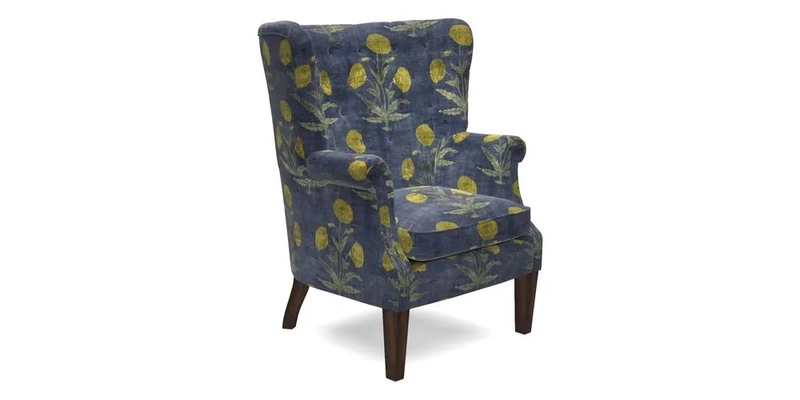 Whitewell Chair in RHS Collection Gertrude Jekyll Lattice Navy with Seat Back and Arms in Mohair Velvet Petrol