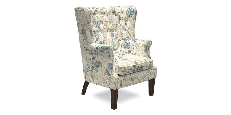 Whitewell Chair in RHS Collection Gertrude Jekyll Lattice Navy with Seat Back and Arms in Mohair Velvet Petrol